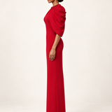 Scarlet Overture red beaded cape-sleeve maxi dress side view