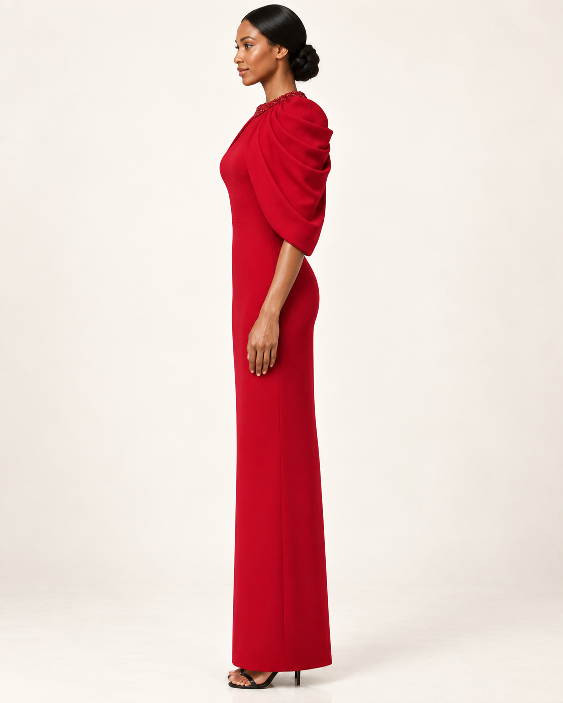 Scarlet Overture red beaded cape-sleeve maxi dress side view