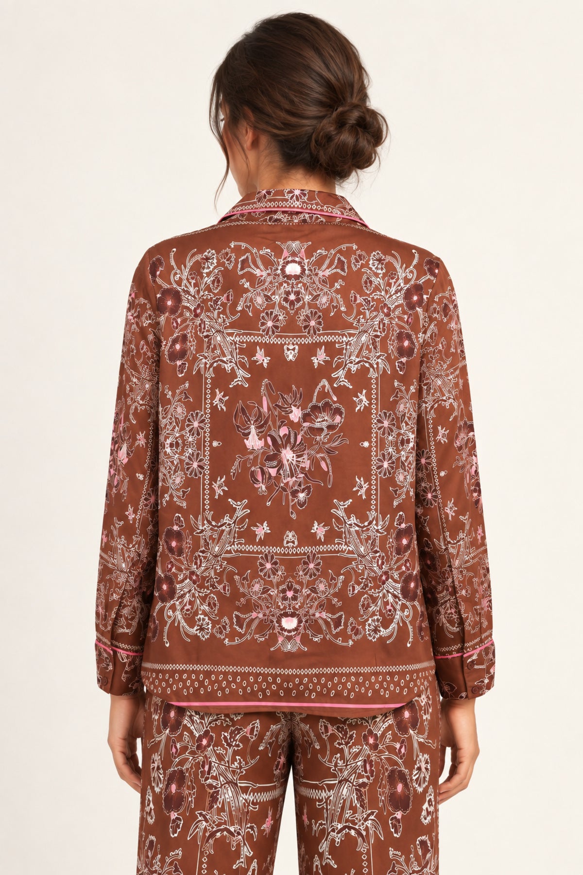 Séverine Passila Chocolate shirt, back model view on an ivory studio backdrop