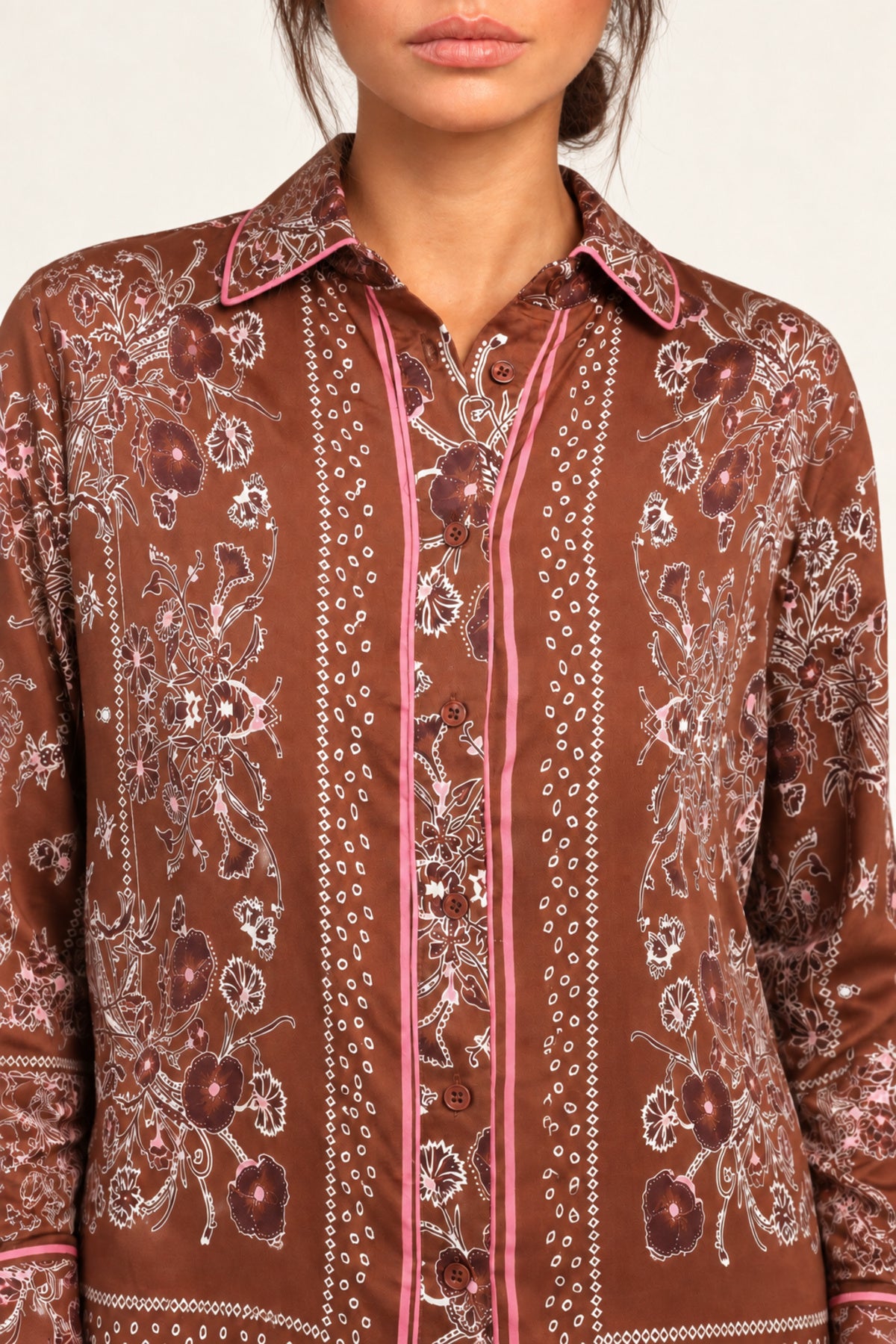 Séverine Passila Chocolate shirt, collar and print close-up on an ivory studio backdrop