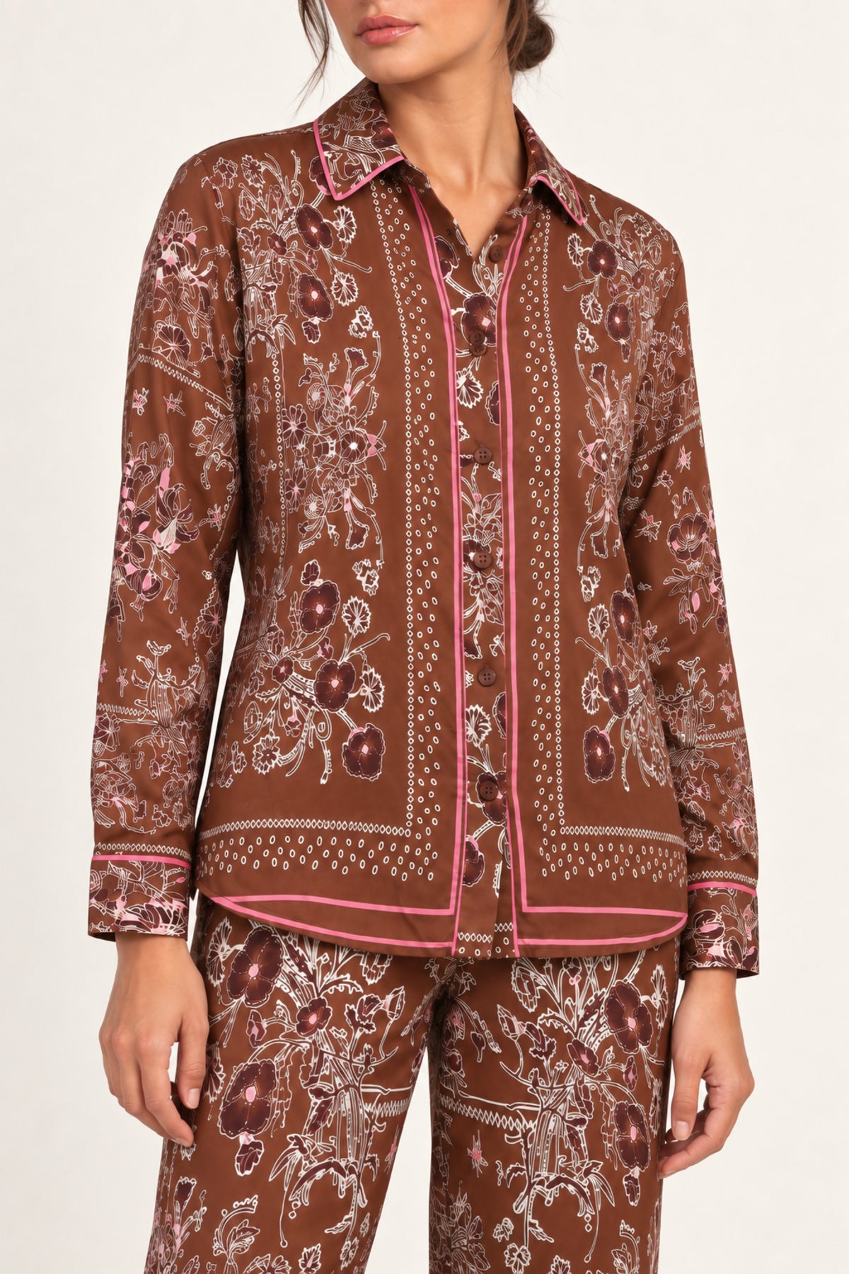 Séverine Passila Chocolate shirt, half-length detail view on an ivory studio backdrop