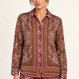 Séverine Passila Chocolate shirt, front model view on an ivory studio backdrop