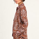 Séverine Passila Chocolate shirt, side model view on an ivory studio backdrop