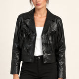 Sidonie fringe faux-leather jacket in Black, front view on an ivory studio backdrop
