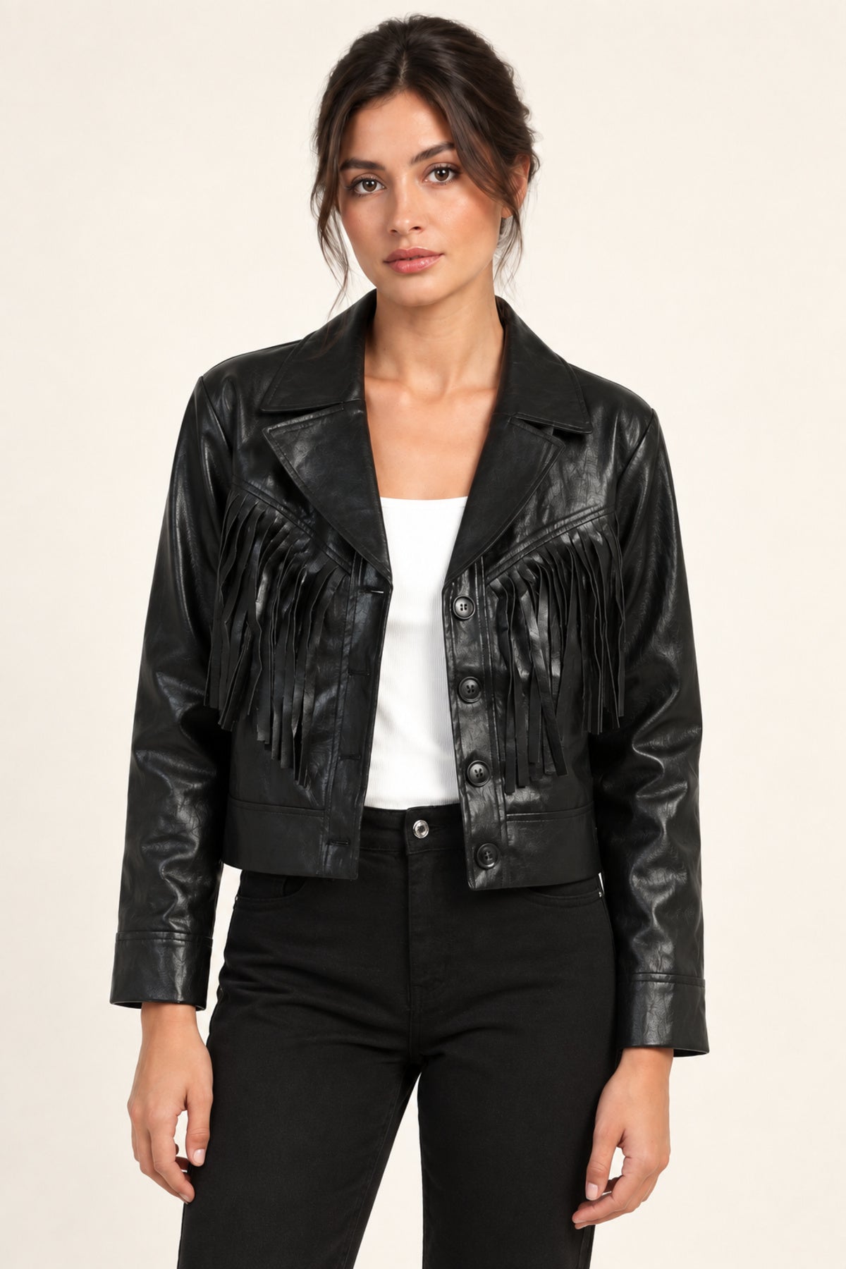 Sidonie fringe faux-leather jacket in Black, front view on an ivory studio backdrop