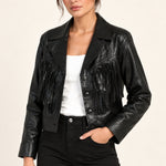 Sidonie fringe faux-leather jacket in Black, half-length model view on an ivory studio backdrop