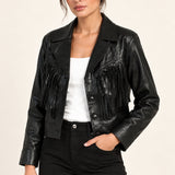 Sidonie fringe faux-leather jacket in Black, half-length model view on an ivory studio backdrop