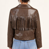 Sidonie fringe faux-leather jacket in Coffee, back view showing fringe on an ivory studio backdrop