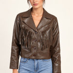 Sidonie fringe faux-leather jacket in Coffee, front view on an ivory studio backdrop