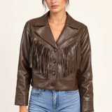 Sidonie fringe faux-leather jacket in Coffee, front view on an ivory studio backdrop