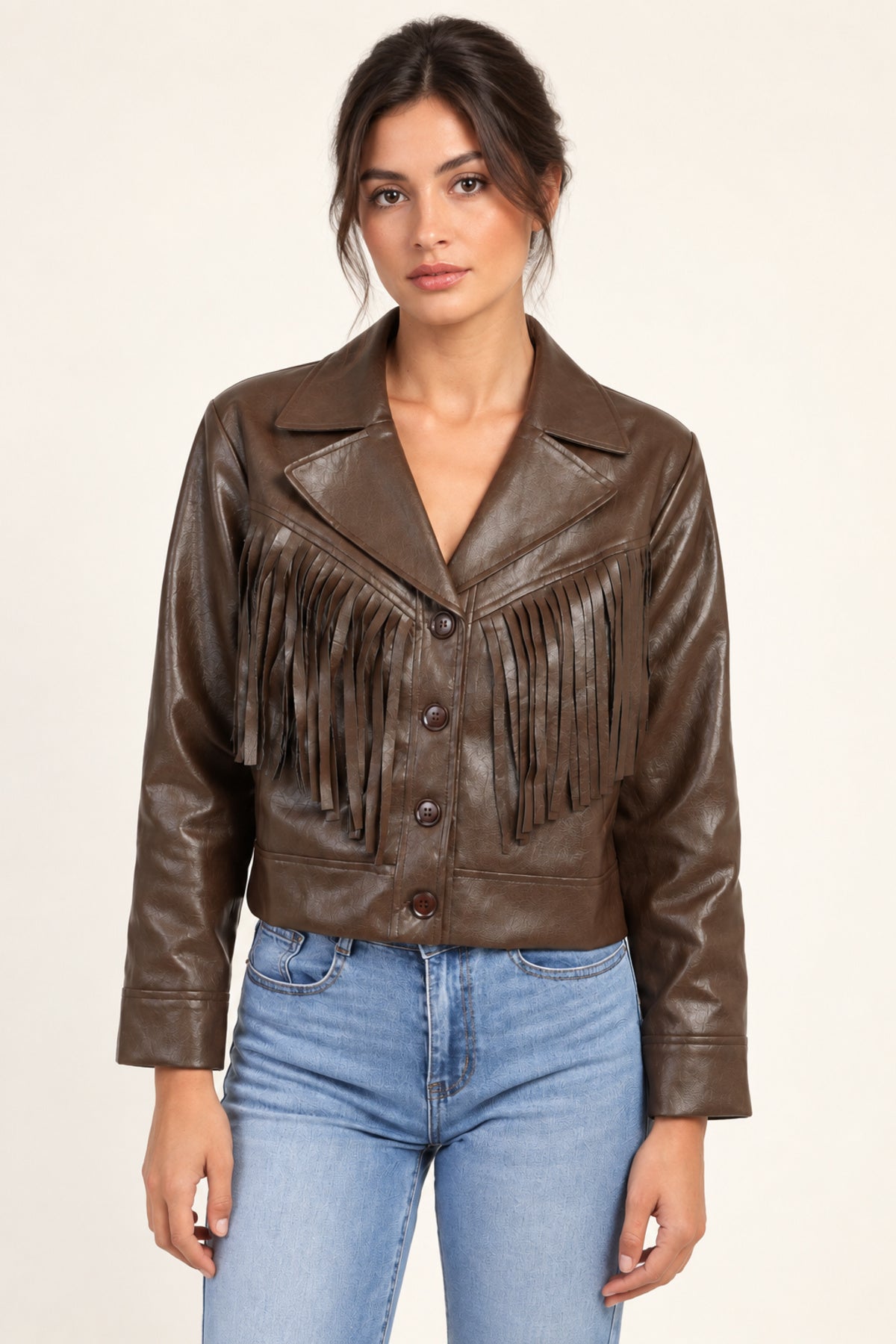Sidonie fringe faux-leather jacket in Coffee, front view on an ivory studio backdrop