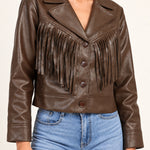Sidonie fringe faux-leather jacket in Coffee, half-length model view on an ivory studio backdrop