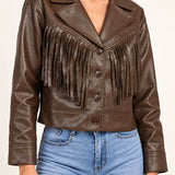 Sidonie fringe faux-leather jacket in Coffee, half-length model view on an ivory studio backdrop