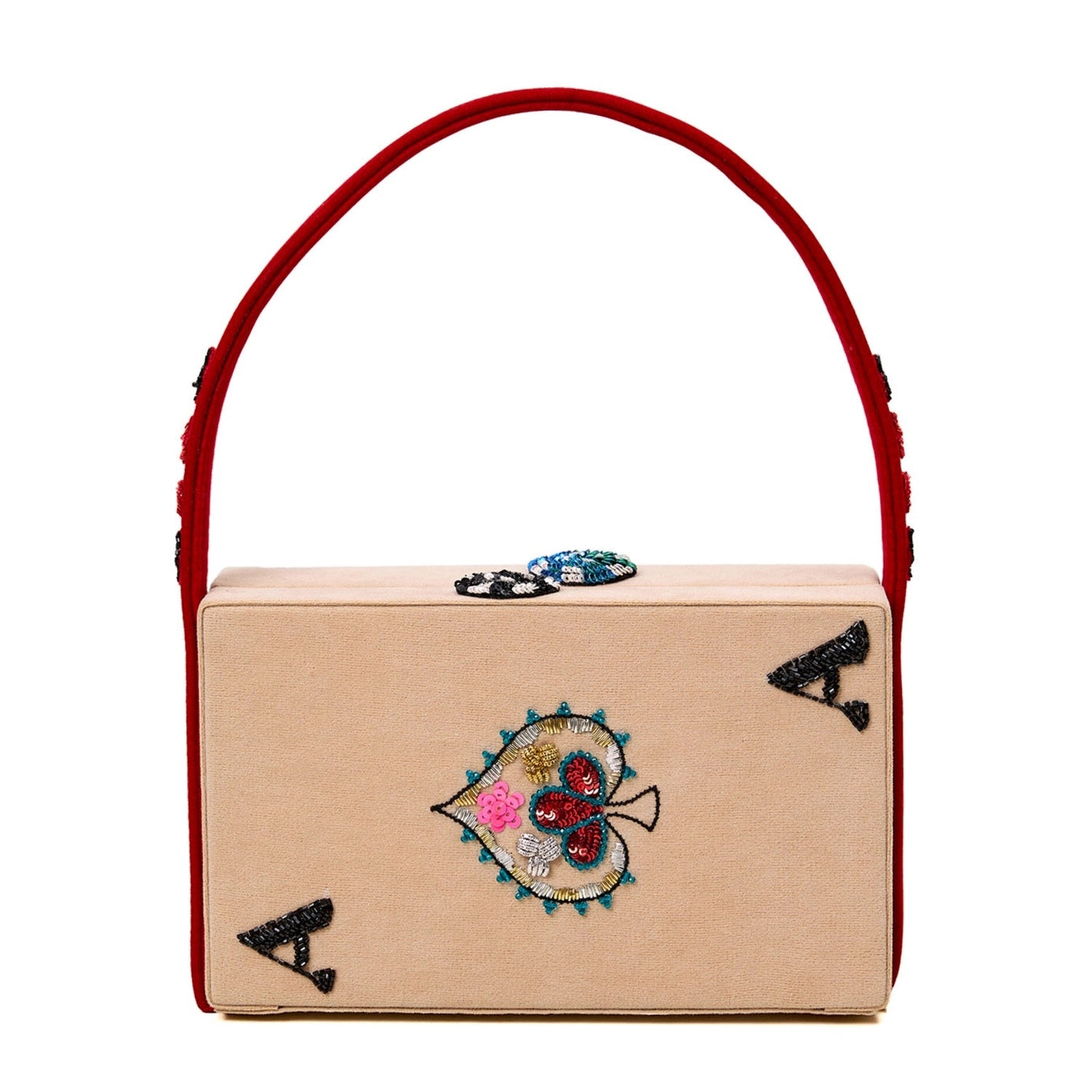 Simitri Poker Clutch Bag with embroidered playing-card motifs and red strap, back view