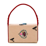 Simitri Poker Clutch Bag with embroidered playing-card motifs and red strap, back view