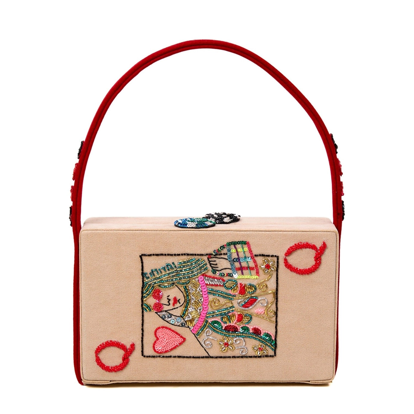 Simitri Poker Clutch Bag with embroidered playing-card motifs and red strap, front view