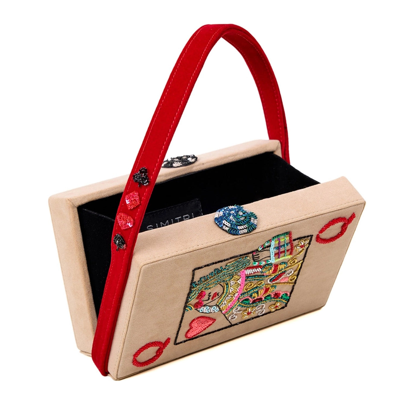Simitri Poker Clutch Bag with embroidered playing-card motifs and red strap, interior view