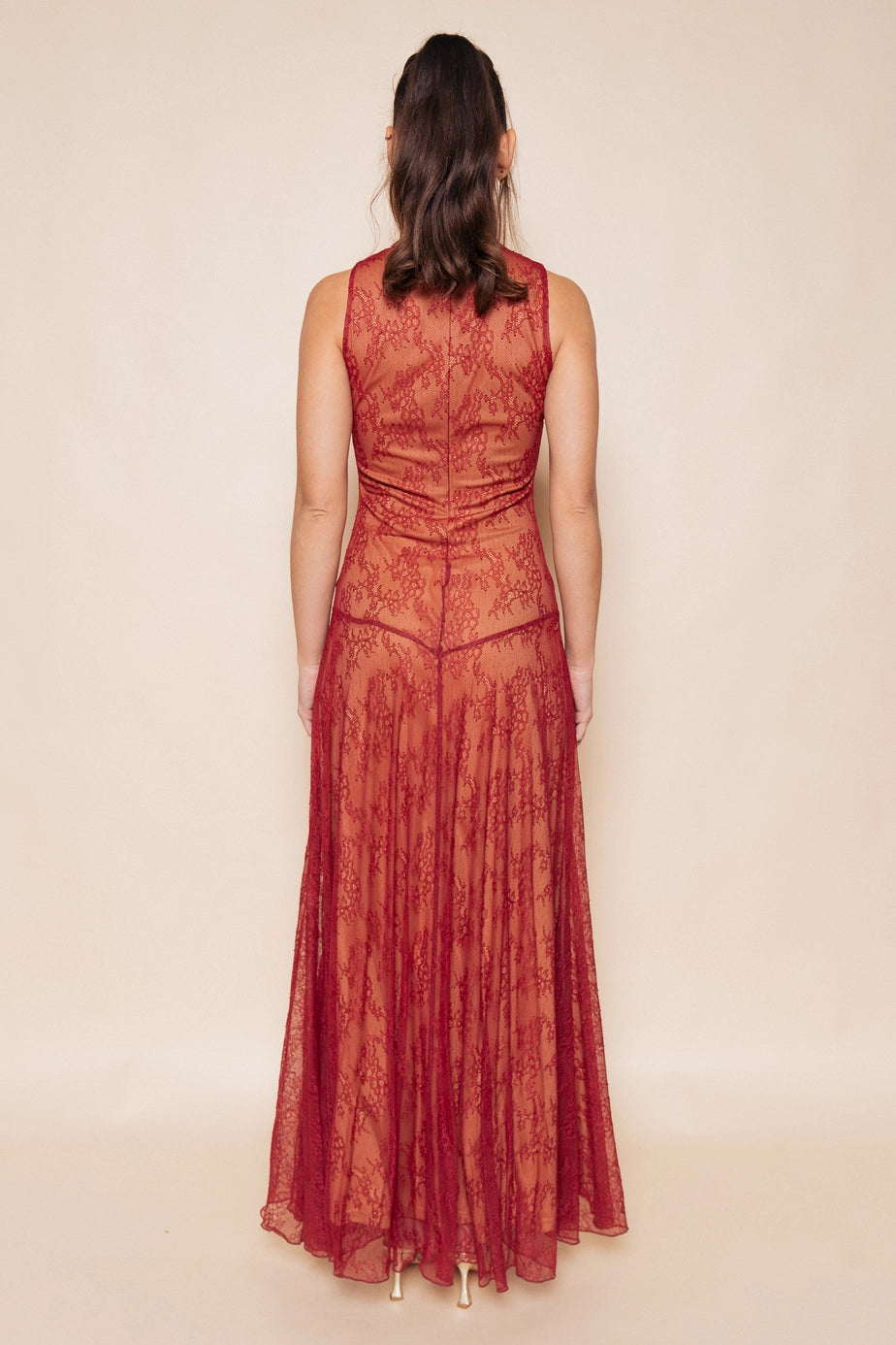 Solène Red Lace Illusion Maxi Dress — back view