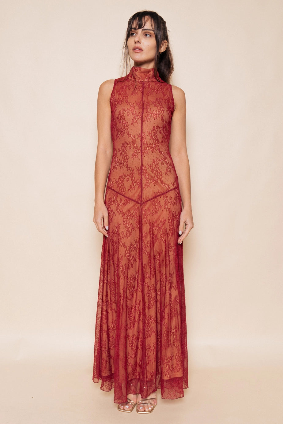 Solène Red Lace Illusion Maxi Dress — front view