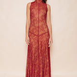 Solène Red Lace Illusion Maxi Dress — front view