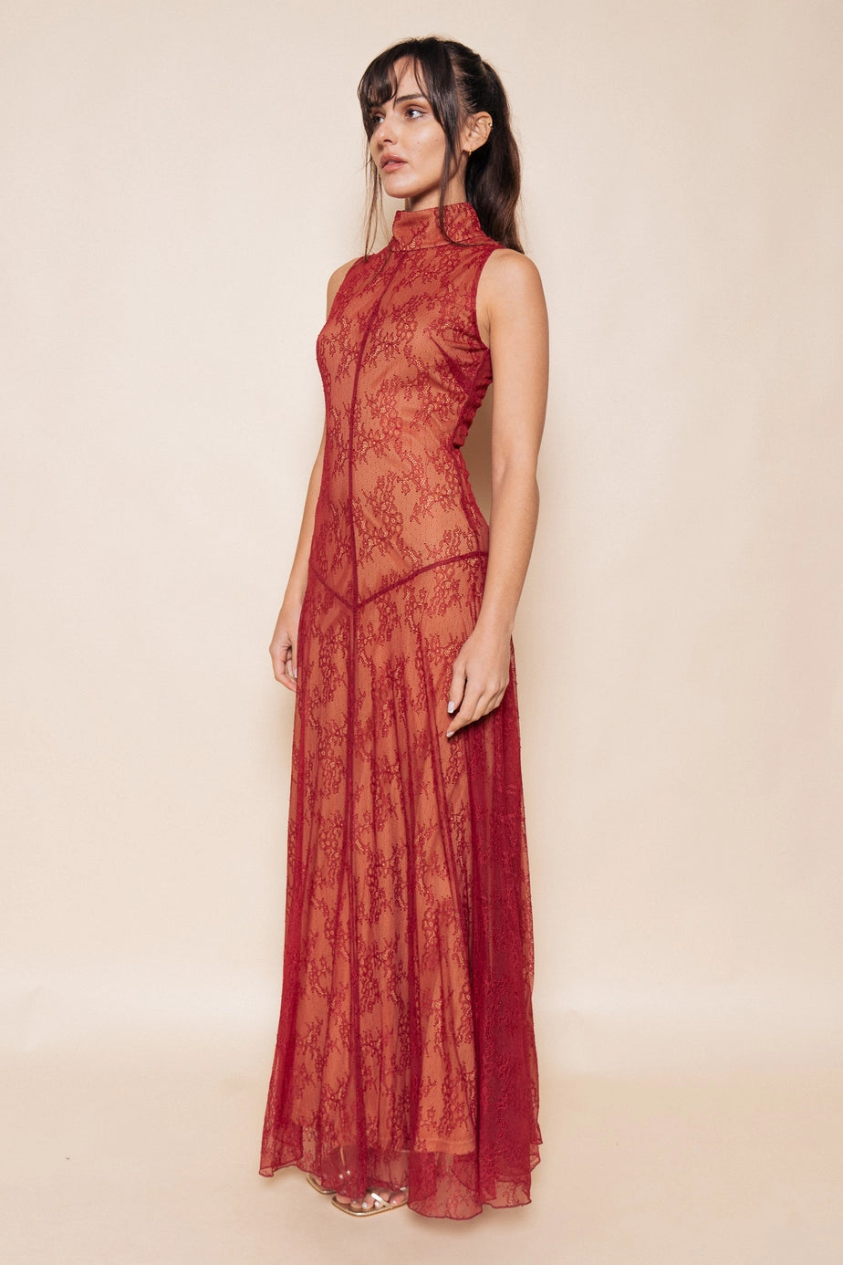 Solène Red Lace Illusion Maxi Dress — side view