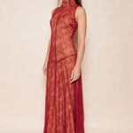 Solène Red Lace Illusion Maxi Dress — side view