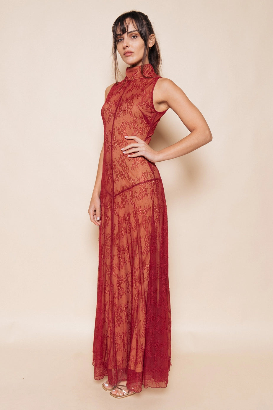Solène Red Lace Illusion Maxi Dress — three-quarter view