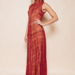Solène Red Lace Illusion Maxi Dress — three-quarter view