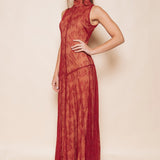 Solène Red Lace Illusion Maxi Dress — three-quarter view