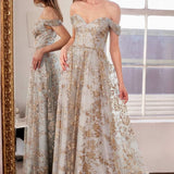 Ladivine Amoris T607 Glitter Print Off the Shoulder A-Line Prom Gown