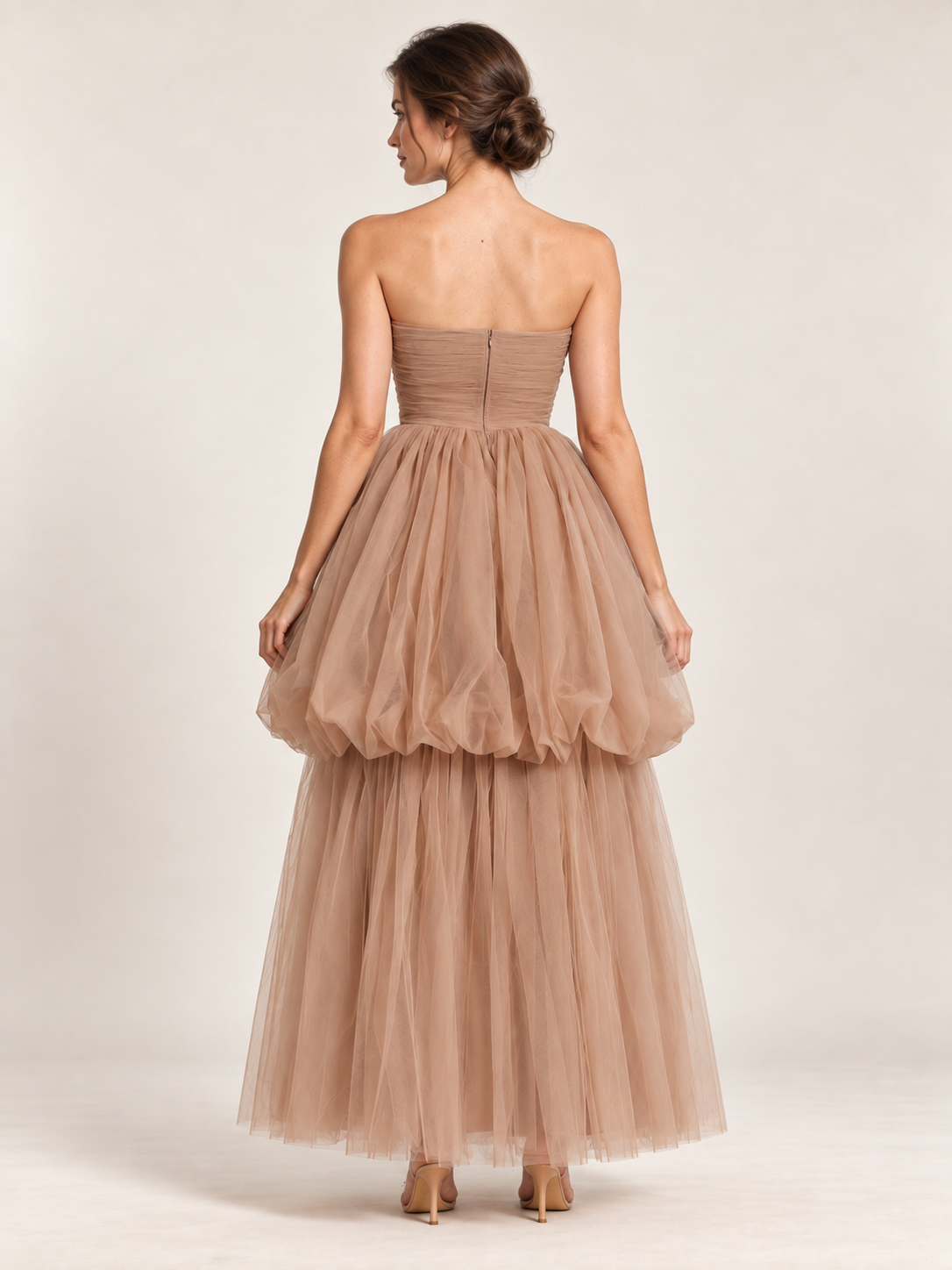 Taupe Reverie Strapless Tulle Gown — back view