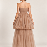 Taupe Reverie Strapless Tulle Gown — back view