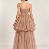 Taupe Reverie Strapless Tulle Gown — back view