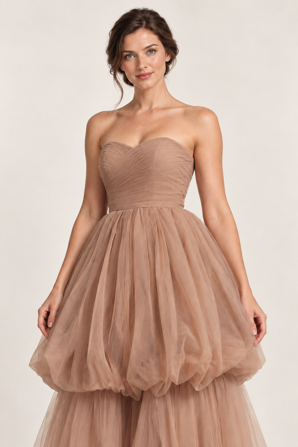 Taupe Reverie Strapless Tulle Gown — detail view