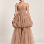 Taupe Reverie Strapless Tulle Gown — front view