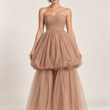 Taupe Reverie Strapless Tulle Gown — front view