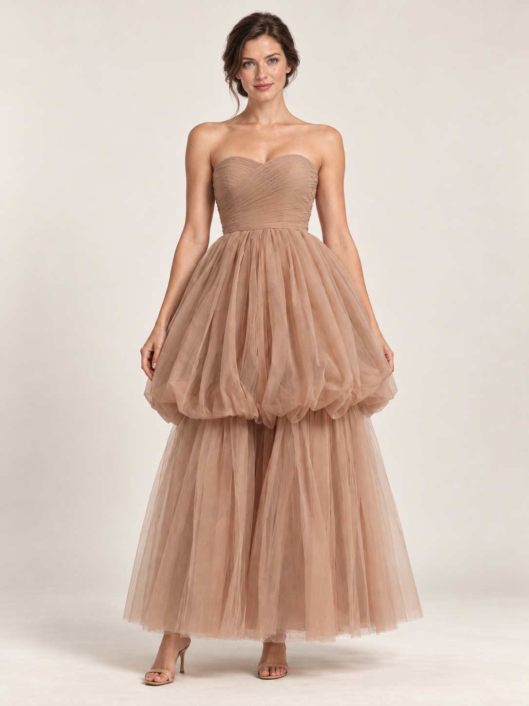 Taupe Reverie Strapless Tulle Gown — front view