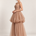 Taupe Reverie Strapless Tulle Gown — side view