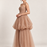Taupe Reverie Strapless Tulle Gown — side view