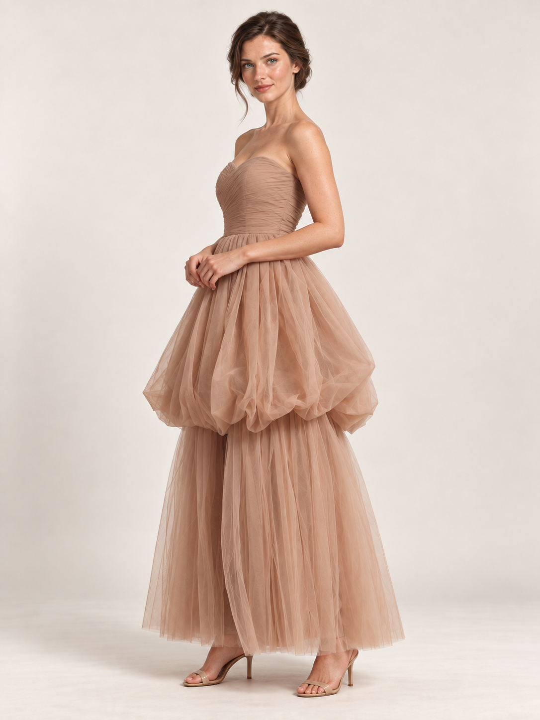 Taupe Reverie Strapless Tulle Gown — side view
