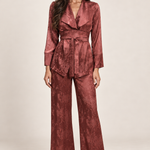 Terracotta Reverie printed satin wrap suit, full-length studio view