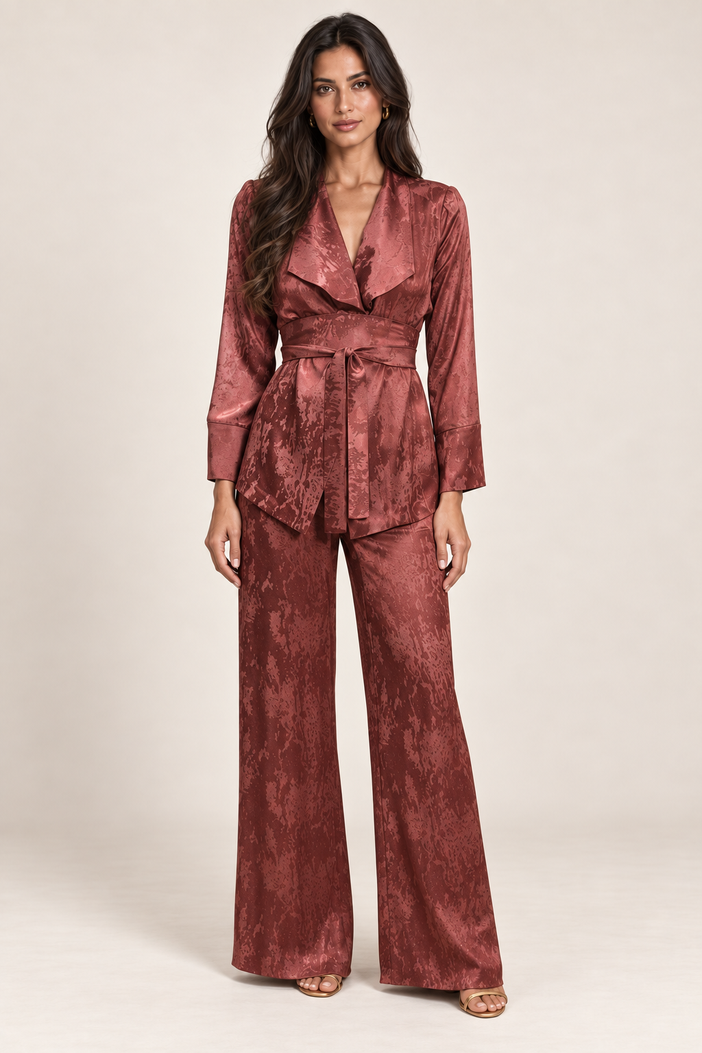 Terracotta Reverie printed satin wrap suit, full-length studio view
