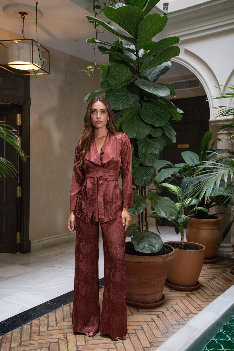 Terracotta Reverie satin jacket and trousers, front view