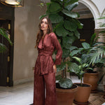 Terracotta Reverie wide-leg satin suit, angled full-length view