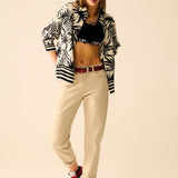 Tropical Motif Relaxed Blouse in Black and White