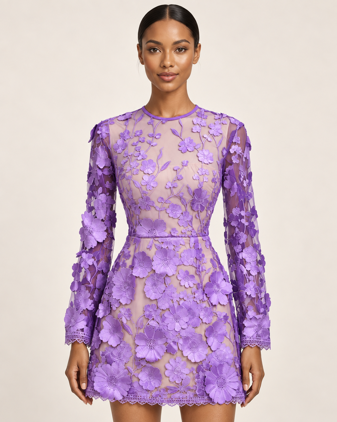 Violette Reverie purple 3D floral lace mini dress closer model portrait