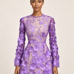 Violette Reverie purple 3D floral lace mini dress closer model portrait