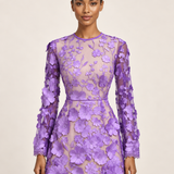 Violette Reverie purple 3D floral lace mini dress closer model portrait