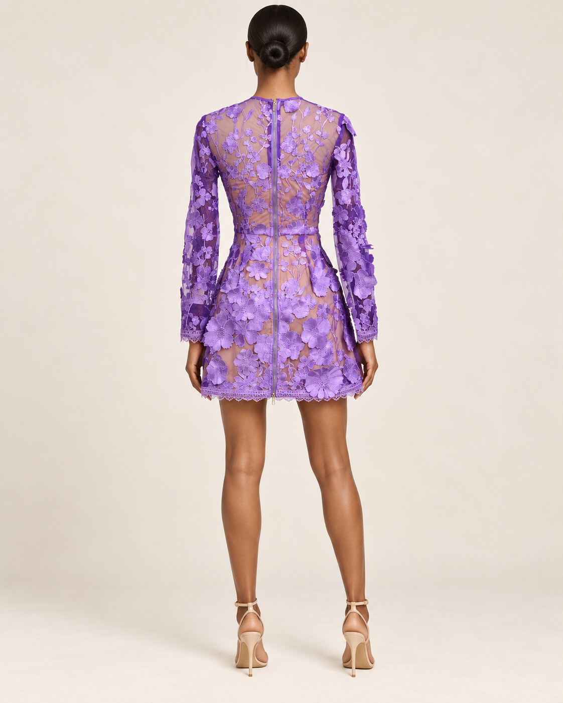 Violette Reverie purple floral applique mini dress back view