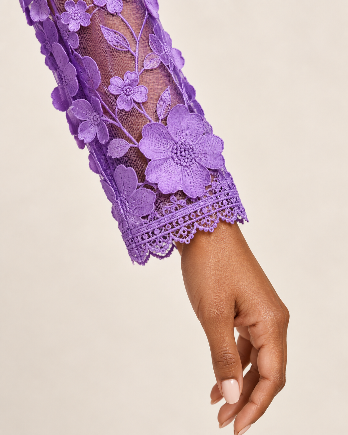 Violette Reverie purple floral applique mini dress detail view